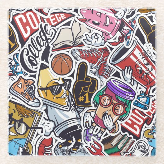 大学おもしろい、カラフルヴィンテージパターン ガラスコースター (正面)