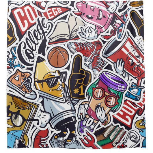 大学おもしろい、カラフルヴィンテージパターン シャワーカーテン (正面)