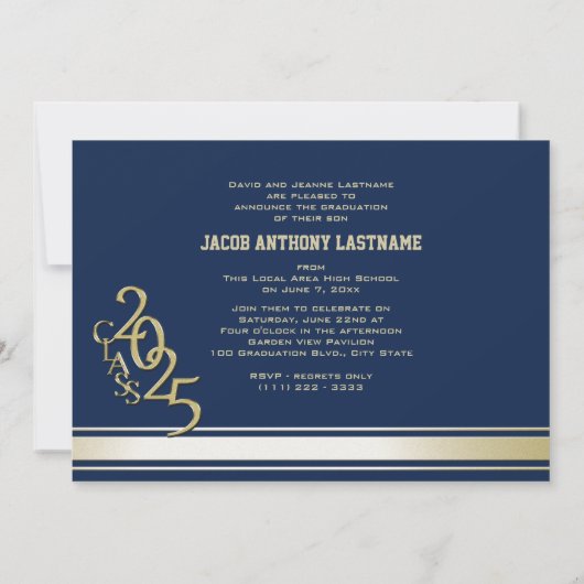 大学の伝統的なストライプが入ったトリプルフォトゴールド卒業生招待状 招待状 (裏面)