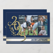 大学の伝統的なストライプが入ったトリプルフォトゴールド卒業生招待状 招待状 (正面/裏面)