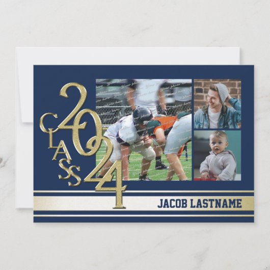 大学の伝統的なストライプが入ったトリプル写真のゴールド卒業生招待状 招待状 (正面)