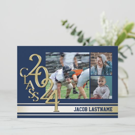 大学の伝統的なストライプが入ったトリプル写真のゴールド卒業生招待状 招待状 (スタンド正面)