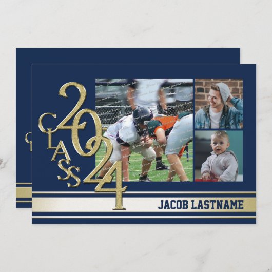 大学の伝統的なストライプが入ったトリプル写真のゴールド卒業生招待状 招待状 (正面/裏面)