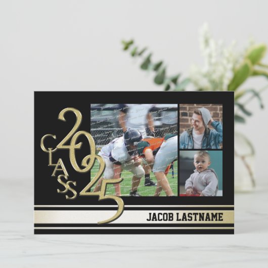 大学の伝統的なストライプが入ったトリプル写真のゴールド卒業生招待状 招待状 (スタンド正面)