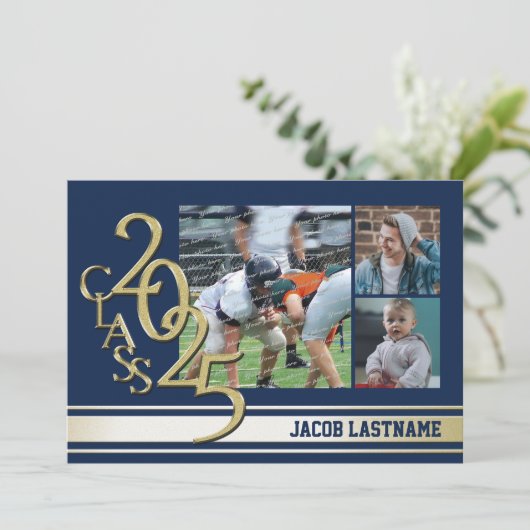 大学の伝統的なストライプが入ったトリプル写真のゴールド卒業生招待状 招待状 (スタンド正面)