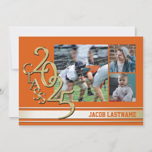 大学の伝統的なストライプが入ったトリプル写真のゴールド卒業生招待状 招待状 (正面)