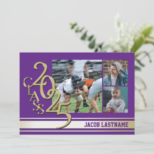 大学の伝統的なストライプが入ったトリプル写真のゴールド卒業生招待状 招待状 (スタンド正面)