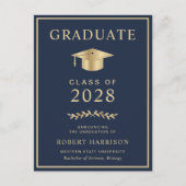 大学エレガントフォトブルー金ゴールド卒業 案内ポストカード (正面)