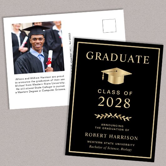 大学エレガント写真黒金ゴールド卒業 案内ポストカード