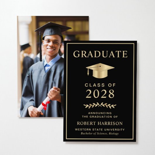 大学エレガント写真黒金ゴールド卒業 案内状