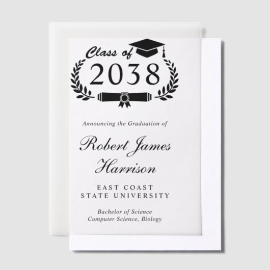 大学エレガント卒業パーティーオーバーレイ ベラム紙招待状 (オフセット)