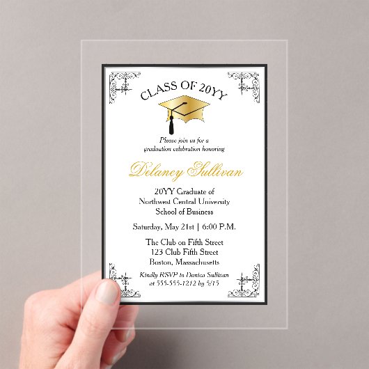 大学エレガント卒業フォーマルパーティーフェイク金ゴールド アクリル招待状 (インサイチュ (ポータブル))