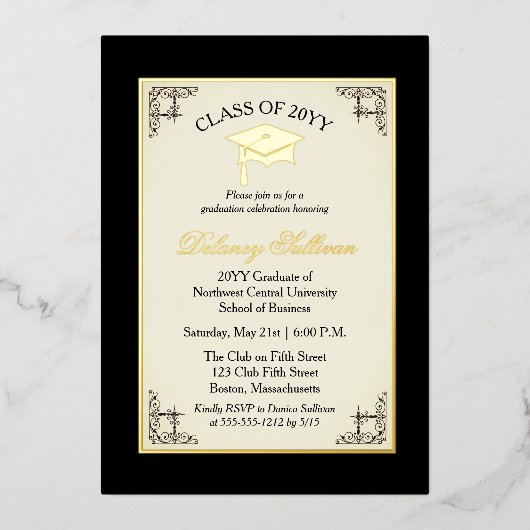 大学エレガント卒業式パーティーゴールドフォイル 箔招待状 (正面)