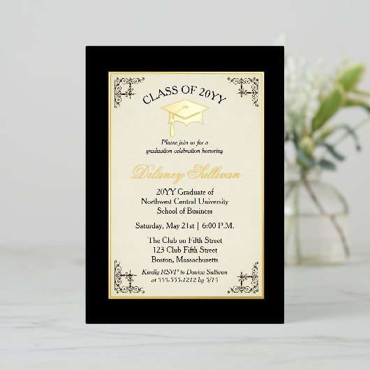 大学エレガント卒業式パーティーゴールドフォイル 箔招待状 (立ち正面)