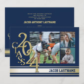 大学ストライプ トリプルフォト ゴールド 卒業生招待状 招待状 (正面/裏面)