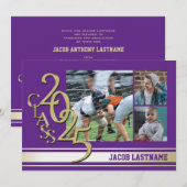 大学ストライプ トリプルフォト ゴールド 卒業生 招待状 (正面/裏面)