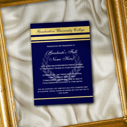 大学フォーマル卒業発表ブルー金ゴールド 招待状