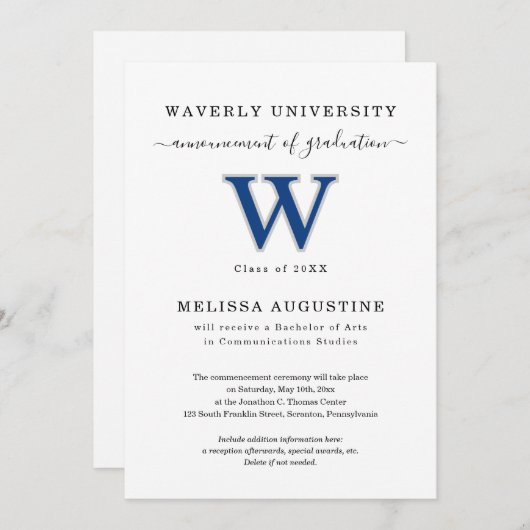 大学フォーマル卒業発表学校のロゴ 招待状 (正面/裏面)