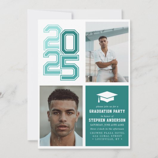大学モダンティール(緑がかった色)写真卒業パーティー 招待状 (正面)