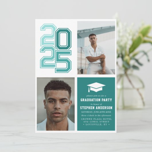 大学モダンティール(緑がかった色)写真卒業パーティー 招待状 (スタンド正面)