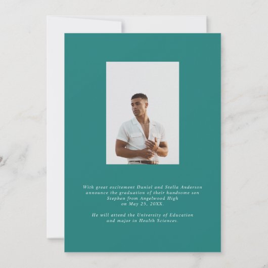 大学モダンティール（緑がかった色）写真卒業パーティー 招待状 (裏面)