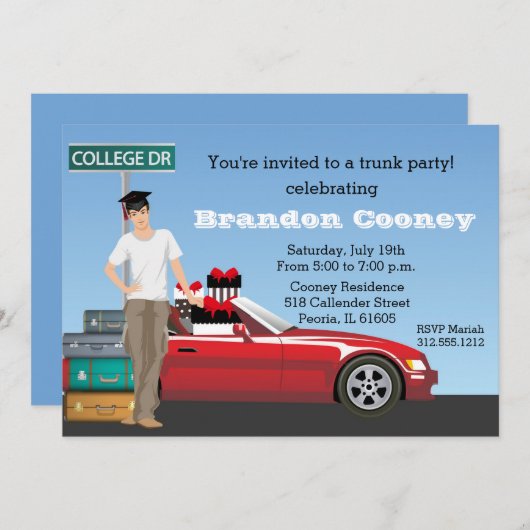 大学卒業のトランクのパーティーの行く遠くににブルネット 招待状 (正面/裏面)