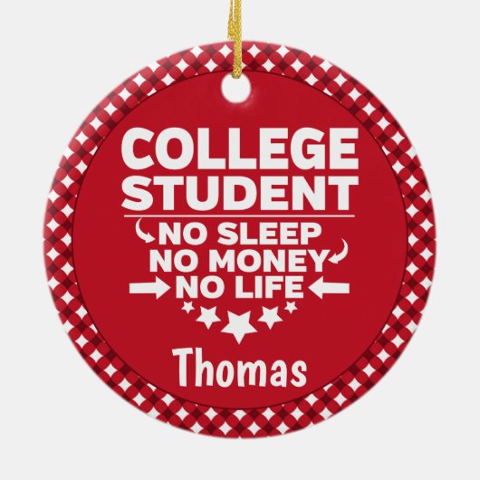 大学生No睡眠金ライフレッドプレイド セラミックオーナメント (裏面)