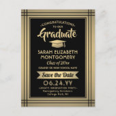 大学院おめでとうブラック&金ゴールドSave the Date Photo 案内ポストカード (正面)
