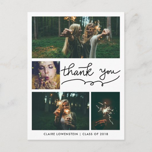 大学院で手書き | 4つの写真 | サンキュー ポストカード (正面)