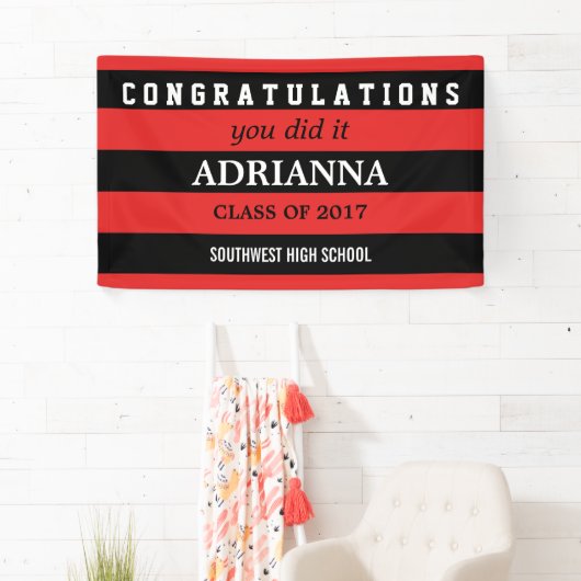 大学院のお祝い黒いおよび赤のストライプ 横断幕 (インサイチュ)