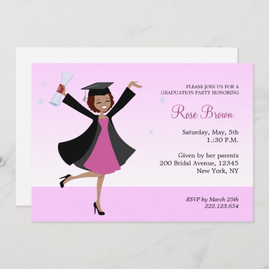 大学院のアフリカ系アメリカ人の女の子のパーティの招待状 招待状 (正面/裏面)