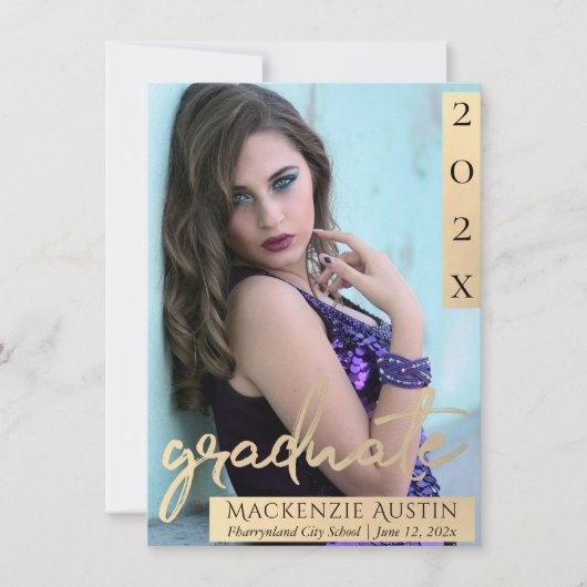 大学院の写真 |金ゴールドスクリプトエレガントの卒業 案内状 (正面)