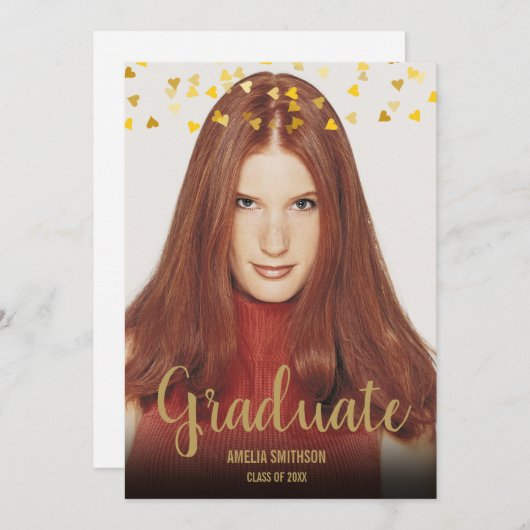 大学院の名前と写真のパーソナライズされた金ゴールドハート 招待状 (正面/裏面)