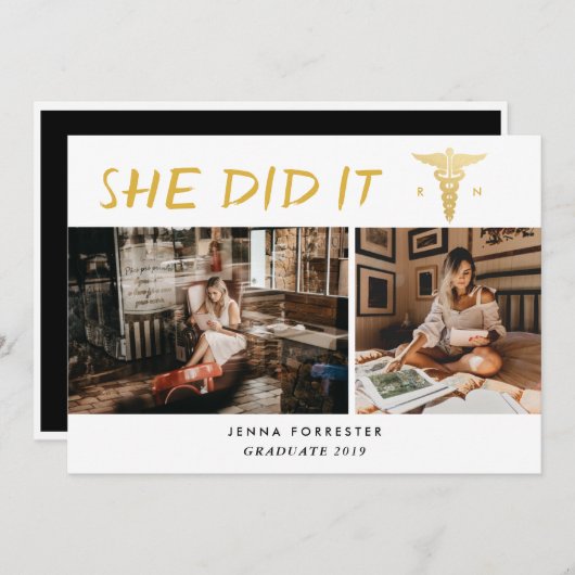 大学院の看護学校彼女はスクリプトの写真を行った 招待状 (正面/裏面)