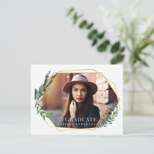 大学院の群葉および金ゴールドの幾何学的な郵便はがき 案内ポストカード (スタンド正面)