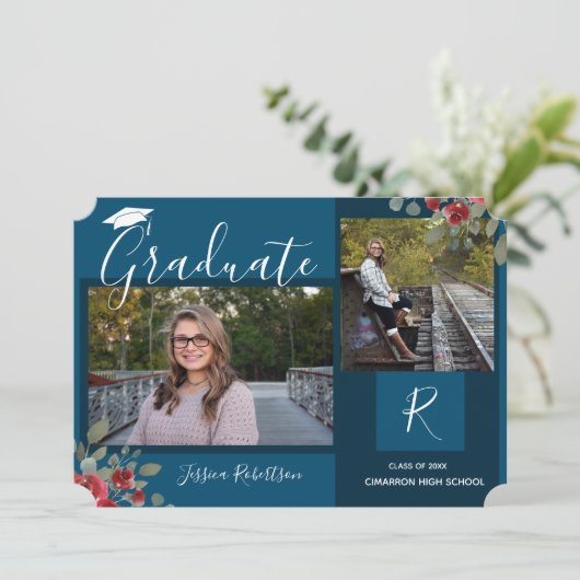 大学院の花と正方形の文字青 案内状 (スタンド正面)