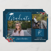 大学院の花と正方形の文字青 案内状 (正面/裏面)