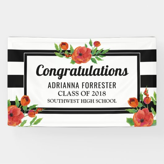 大学院の赤いシャクヤクの白黒のストライプ 横断幕 (横)