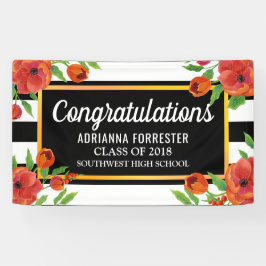 大学院の赤い花模様|の白黒のストライプ 横断幕