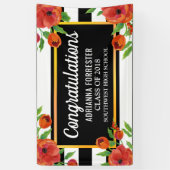 大学院の赤い花模様|の白黒のストライプ 横断幕 (縦)