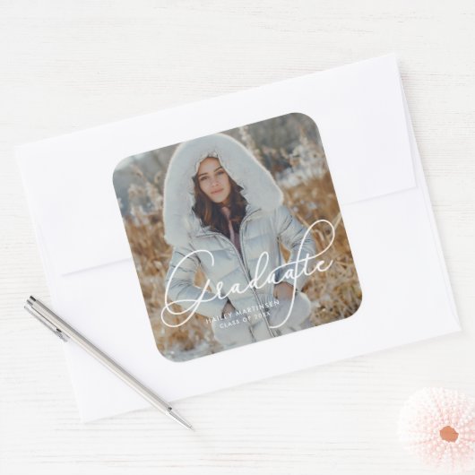 大学院エレガントの写真と名前のスクリプト スクエアシール (封筒)