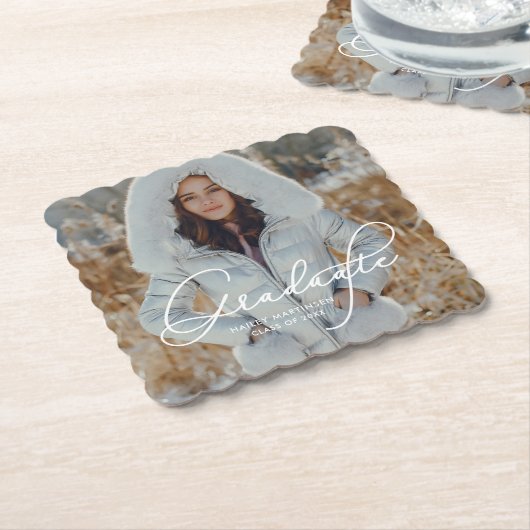 大学院エレガントの写真と名前のスクリプト ペーパーコースター (アングル)