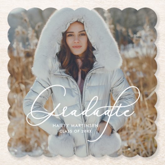 大学院エレガントの写真と名前のスクリプト ペーパーコースター (正面)