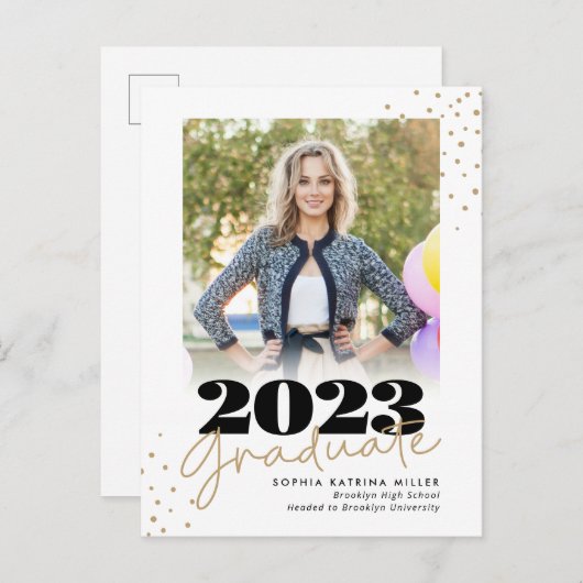 大学院エレガント金ゴールドドット写真卒業 案内ポストカード (正面/裏面)