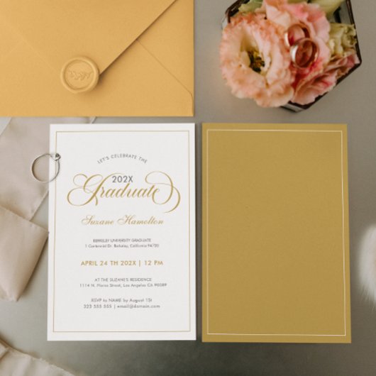 大学院エレガント金ゴールドホワイトグレースクリプトタイポグラフィ 招待状
