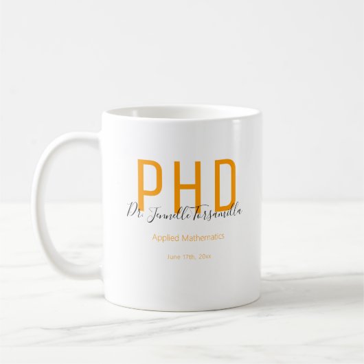 大学院オレンジブラック日付学位PhD コーヒーマグカップ (左)
