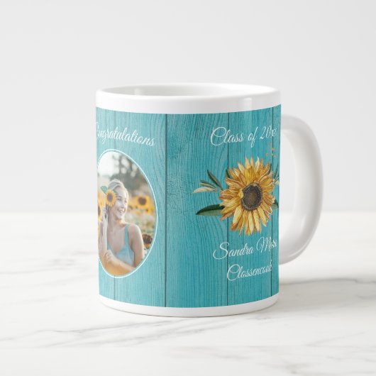 大学院ギフト素朴ティール（緑がかった色）ブルーバーンウッド ジャンボコーヒーマグカップ (正面右)