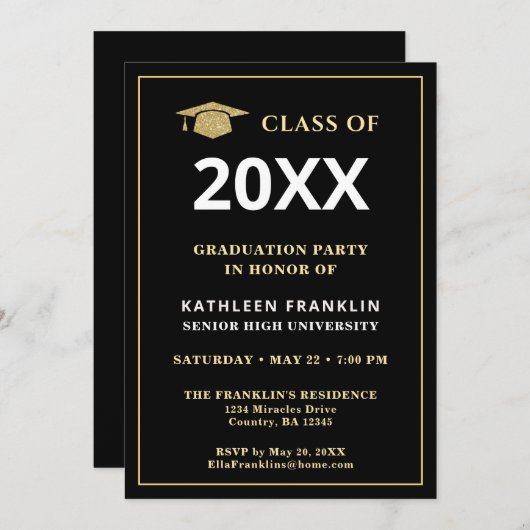 大学院クラス卒業金ゴールドブラックエレガント 招待状 (正面/裏面)
