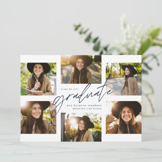 大学院コラージュ6枚の写真モダンネイビー卒業 案内状 (スタンド正面)