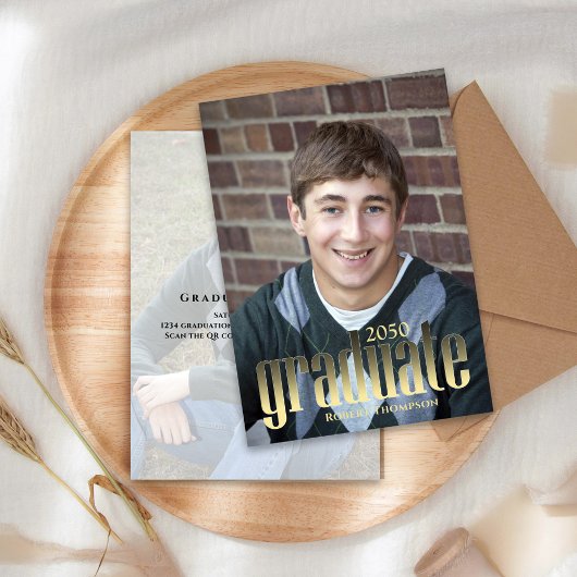 大学院シンプルフォトブラックと金ゴールドタイポグラフィ 招待状